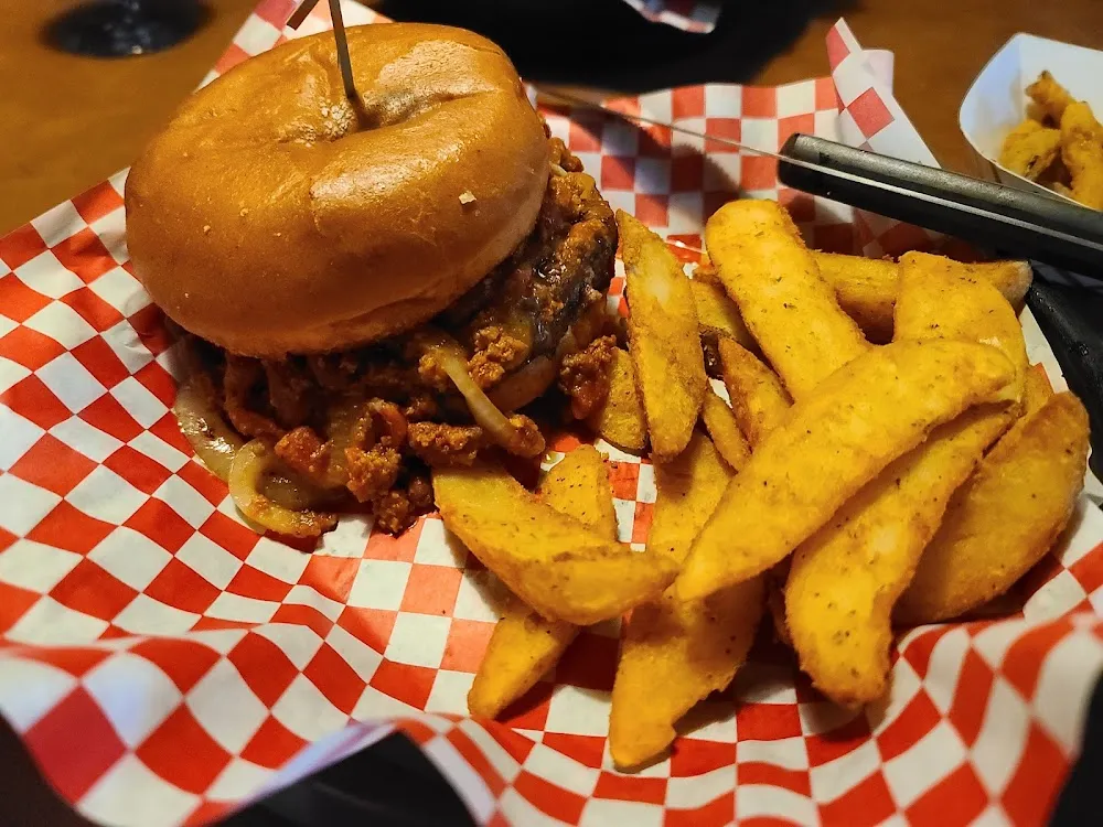 Mushroom Burger Slider and Onion Rings